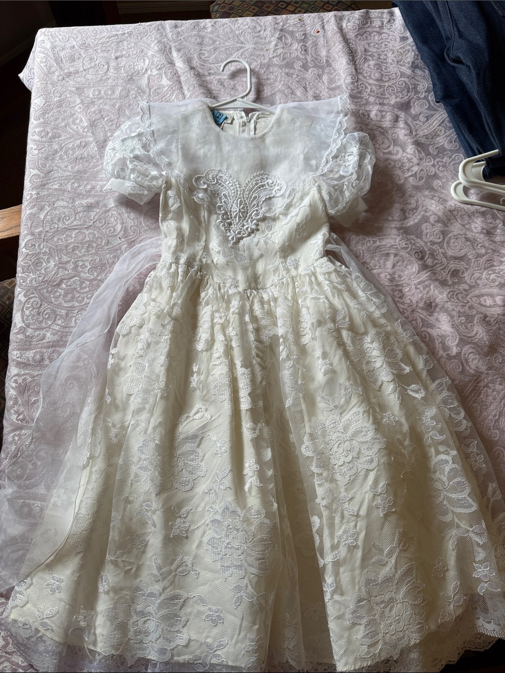 Jessica McClintock White Lace Flower Girl Dress with Puff Sleeves